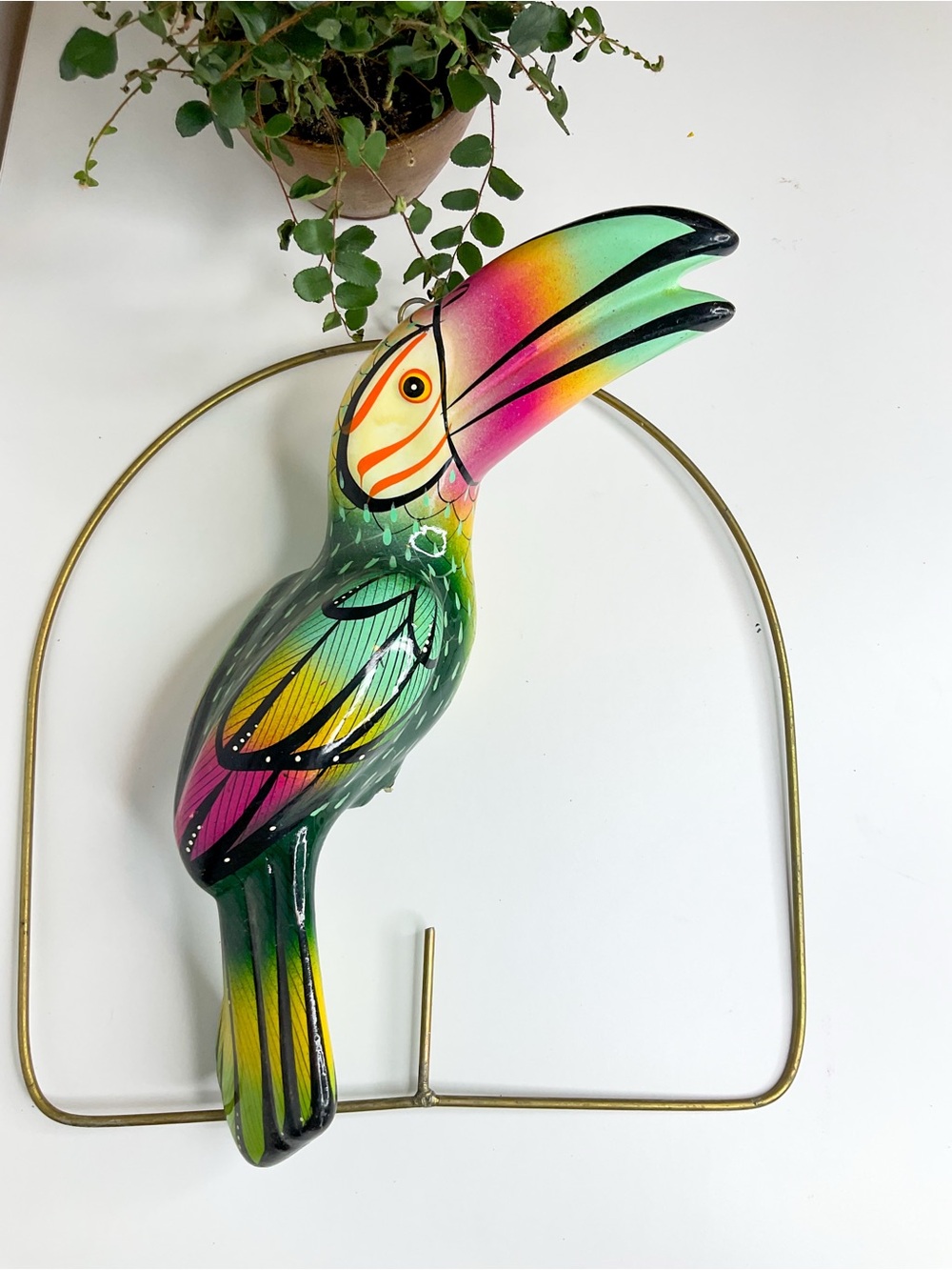 Vintage Mexican Folk Art Multicolor Toucan Perch Décor for Birds - Ceramic